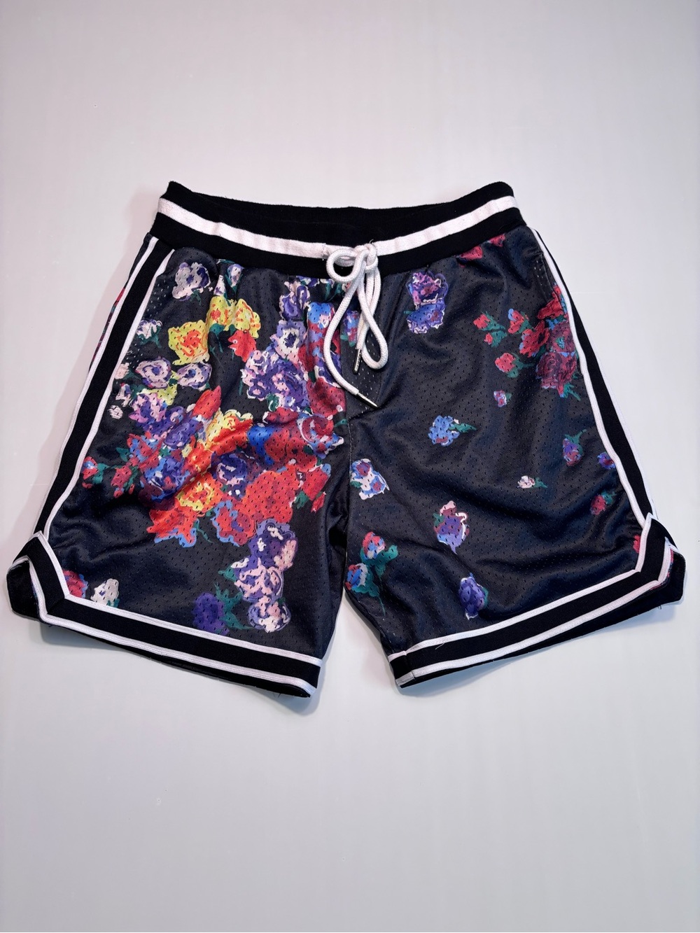 MNML Black Athletic Shorts with Multicolor Floral Print and White Trim